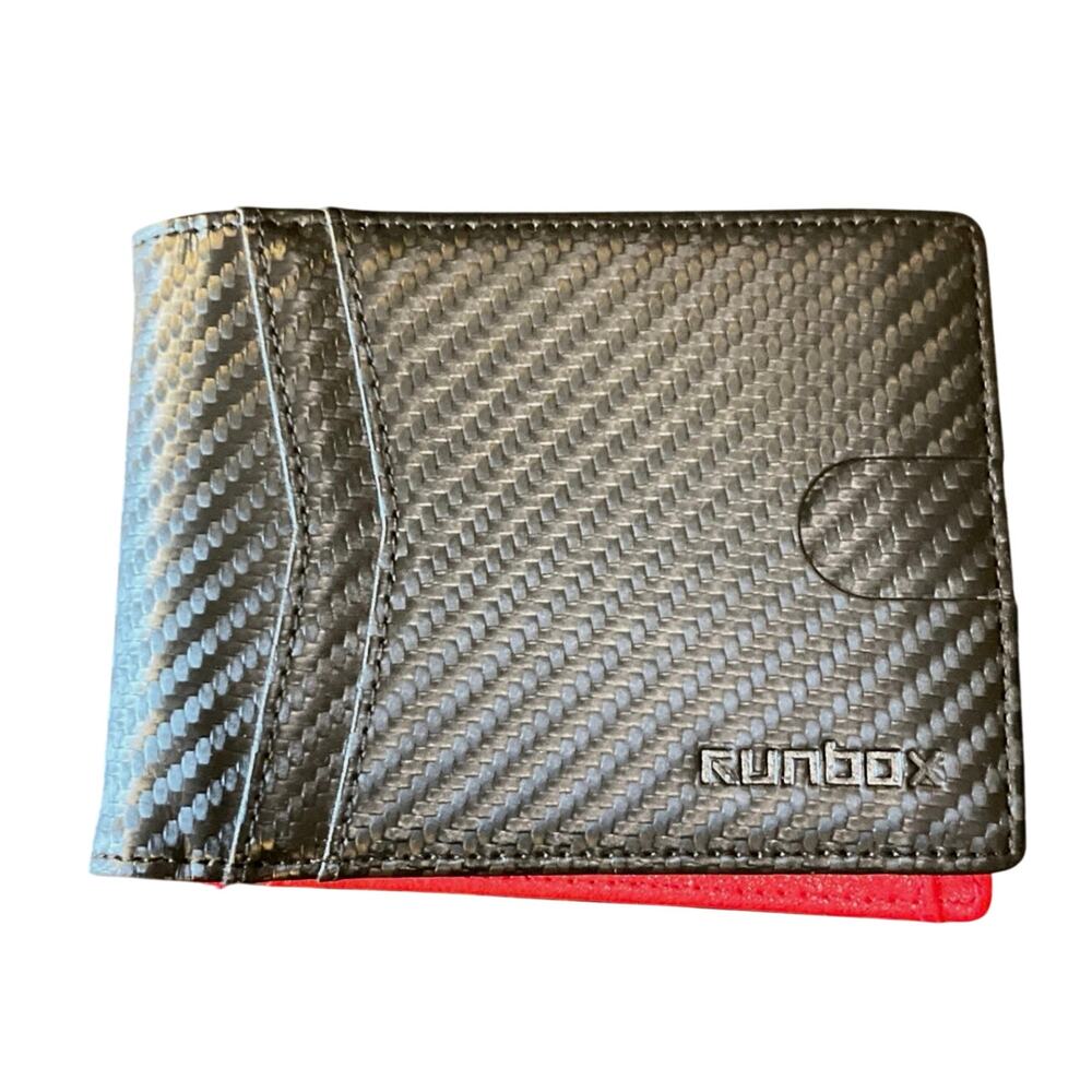 Runbox Men’s RFID Bifold Wallet Black Carbon Fiber Red AirTag Holder ID